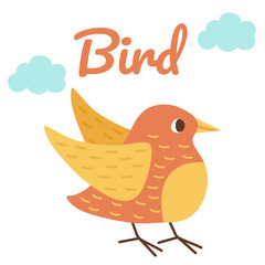 Cute pink bird. The inscription Bird and clouds, flat illustration. Good for kids decor.