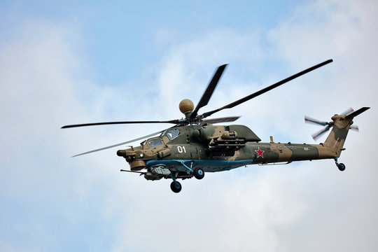 Attack helicopter Mi-28 UB performing demonstration flight. NATO reporting name "Havoc" 02.09.2017, Rostov Region, Russia