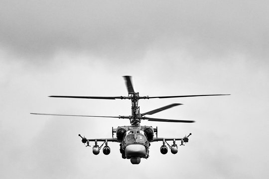 Kamov Ka-52 Alligator (NATO code name: Hokum B) attack helicopter of russian air force at shooting range. Attack helicopter performing demonstration flight. 02.09.2017, Rostov Region, Russia