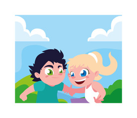 Boy and girl playing outisde vector design