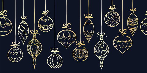 Elegant hand drawn christmas ornaments horizontal seamless, decorated baubles hanging, great for christmas wrapping, banners, invitations, wallpaper - vector design - obrazy, fototapety, plakaty