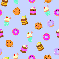 Vector graphics. Adorable pattern with different kind of sweets. Flat cartoon illustration of donuts, cupcakes, cakes. 