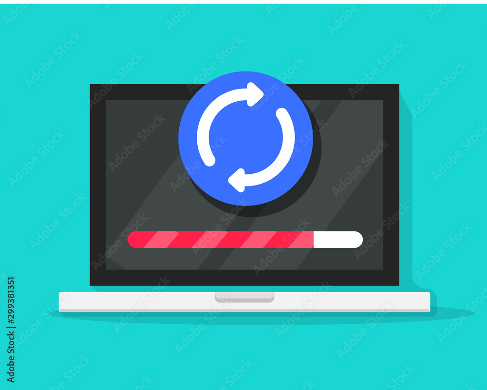 Poster laptop with loading icon and updating progress bar vector symbol, flat cartoon computer installation