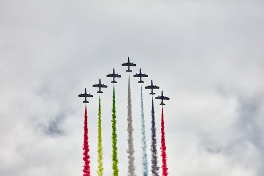 Aerobatic Team Al Fursan (Fursan Al Emarat) performs the show with Aermacchi MB-339 aircraft at MAKS-2017 Salon. ZHUKOVSKY, RUSSIA - JULY19