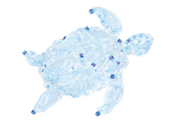 Sea ​​turtle silhouette from blue crumpled bottle- plastic. Isolated element for design-...