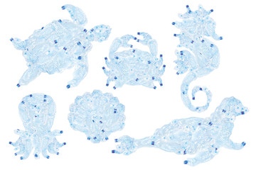 Sea animals silhouette from blue crumpled bottle- plastic. Isolated elements set for design- concept of saving the environment and pollution of the world ocean on white background