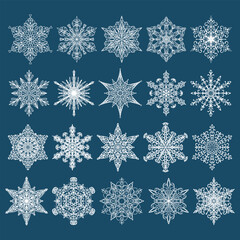Collection of vector snowflakes. Set of twenty white winter icons on a blue background.