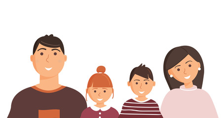 Happy cute family portrait of parents and kids: father, mother, son and daughter isolated on the white background. Family of four members. Modern flat cartoon colorful vector illustration