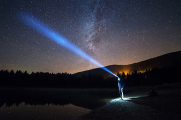 Man Standing Under The Starry Night Sky, Lighting With Head Lamp © Filip