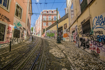 The Bica Funicular (Ascensor da Bica in Portuguese) the very famous and iconic funicular train that takes people up and down the hilly streets of Lisbon In Portugal