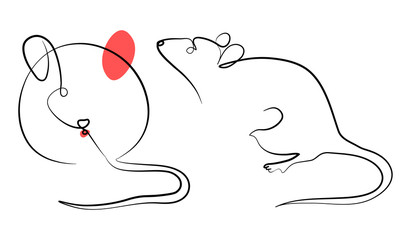 Continuous one line drawing rat, Chinese Zodiac Sign Year of Rat, Happy Chinese New Year 2020, decorations for greeting card, logo, posters, print, tattoo, single line on white background.