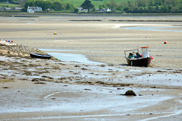 Wales – Anglesey island :  Low tide at Red Wharf bay.  Sand flats with stranded boats.  The green of the shoreline in the distance.