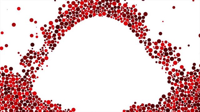 Colorful red balls falling down and skirting white round shape. Animation. Different size bubbles or spheres falling down on white background.