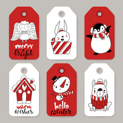 Six vector winter sale Christmas labels with cartoon characters