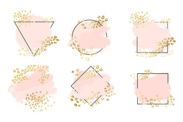 Abstract geometric vector background, brush paint illustration, frame, element, shape set. Pink ink brush stroke with rich golden exotic leopard animal skin texture