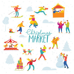 Vector Christmas winter design for holiday market with shopping and active people
