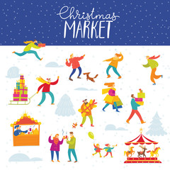Vector Christmas winter market design for holiday with shopping and active people