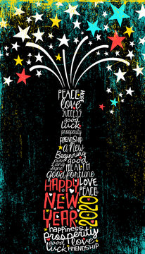 Happy New Year 2020 design. Abstract champagne bottle with inspiring handwritten words, bursting stars. Dark background with space for text.