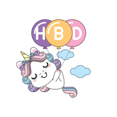 Unicorn cartoon with holding happy birthday balloon, baby animal, Kawaii Character pony cartoon, nursery decoration, perfect for kid's greeting card design and Print for t-shirt. Vector illustration.