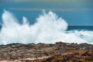 An enormous wave crashing against the rocks at Storms River Mouth, Tsitsikamma National Park, South Africa