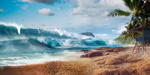 Tsunami surfing on beautiful beach - obrazy, fototapety, plakaty