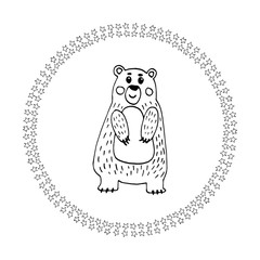 Cute doodle mandala with stars and bear on background. Hand drawn vector illustration for coloring page and artbooks for adults and kids and design.