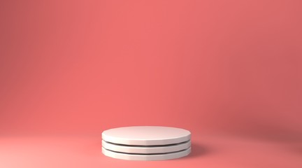 Empty white podium on pastel pink color background. 3D rendering.