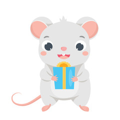 Cartoon mouse. Little Cute rat hold giftbox