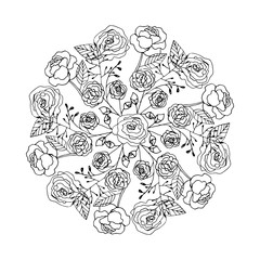 Cute hand drawn round mandala with floral elements, herbs, leaves, flowers, twigs. Doodle vector illustration for wedding design, logo and greeting card.