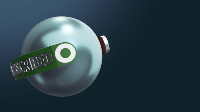 red button with the text 'subscribe' and green button the text 'subscribed' rotating around a chrome sphere, concept of subscribing to online services, seamless loop, copy space (3d render)
