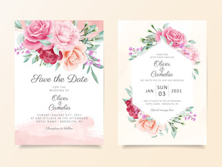 Elegant wedding invitation card template set with soft watercolor flowers decoration. Floral illustration background of peach roses and leaves for invites, greeting, save the date vector