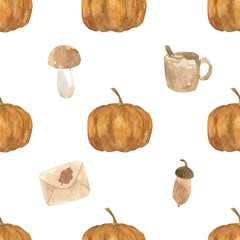 Adorable watercolor autumn pattern in trendy style. Funny, cute, hugge, hand drawn illustration for poster, banner, print, decoration kids playroom or greeting card.