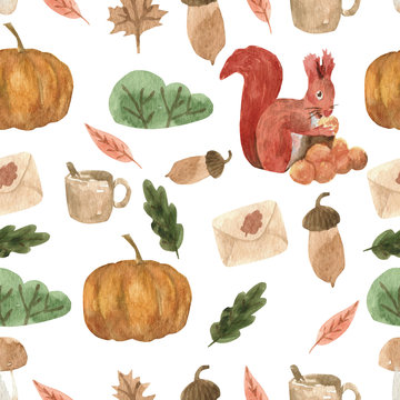 Adorable watercolor autumn pattern in trendy style. Funny, cute, hugge, hand drawn illustration for poster, banner, print, decoration kids playroom or greeting card.