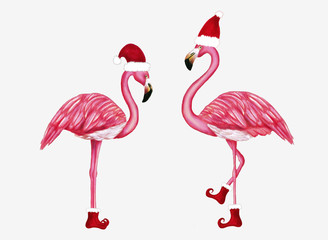 Winter flamingo in Santa hat and shoes. Christmas design for cards, backgrounds, fabric, wrapping paper. Merry Christmas and Happy New Year vertical greeting card. © KeronnArt