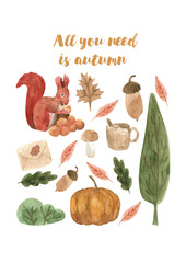 Cute autumn watercolor cards A6. Seasonal design for print, decoration. Isolated and high resolution.