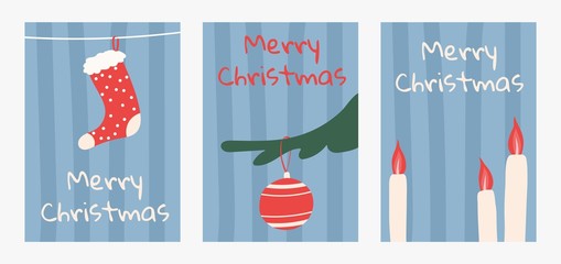 Merry Christmas banners set in trendy cartoon hand drawn style. Winter card, flyer, poster with candles, sock, retro tree toy.