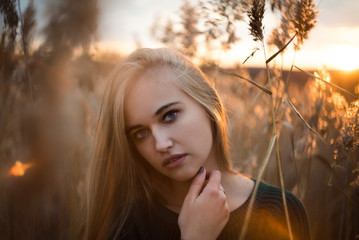 portrait of a young beautiful caucasian blonde girl in a blue sweater standing on a grass field.