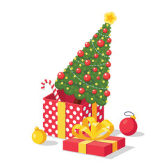 Decorated christmas tree with lights, star, decoration balls, gift boxes, lamps isolated on background. Merry xmas, happy new year concept. Vector cartoon design