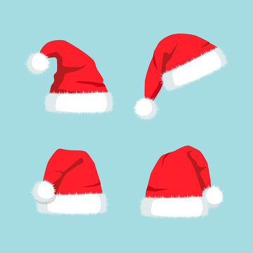 Set of santa claus hat isolated on background. Red cap for celebration christmas. Happy new year, merry xmas concept. Vector cartoon design