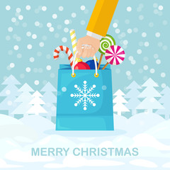 Shopping bag with gift isolated on background. Paper package in buyer hand. Christmas sales. Winter discounts for holidays. Vector cartoon design