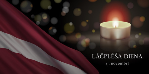 Lāčplēsis Day vector banner design template with flag of Latvia, candle, and text on dark background. Translation: Lāčplēsis Day. November 11. - obrazy, fototapety, plakaty