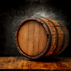 Wooden retro dark barrel and free space for your decoration. 