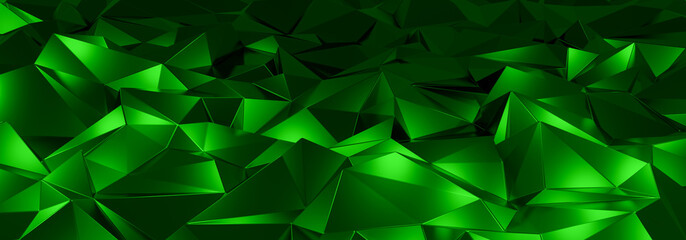 Fototapeta na wymiar 3d ILLUSTRATION, of green abstract crystal background, triangular texture, wide panoramic for wallpaper