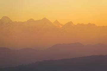 The morning light hits the scenic Himalayan panorama in the Indian town of Kausani in Kumaon, Uttarakhand.
