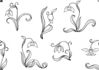 Galanthus, snowdrop. Seamless pattern, background. Outline hand drawing vector illustration In art nouveau style, vintage old retro style.
