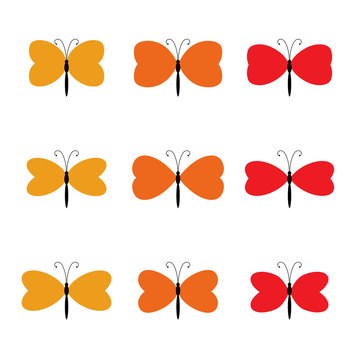 Set of red silhouettes of butterflies, vector moth seamless pattern