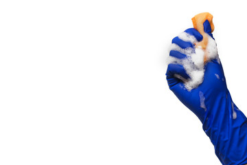 hand in glove holding a sponge on a white background