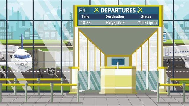 Airport terminal. Departure board above the gate with Reykjavik text. Travel to Iceland loopable cartoon animation