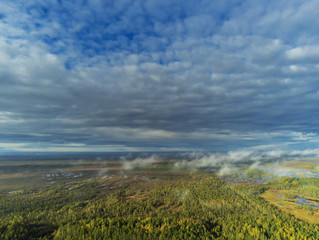 Aerial view, Green forest, Blue cloudy sky, Latvia.  Warm autumn day.
