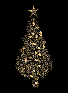 Golden sketched vector Christmas tree isolated on black background